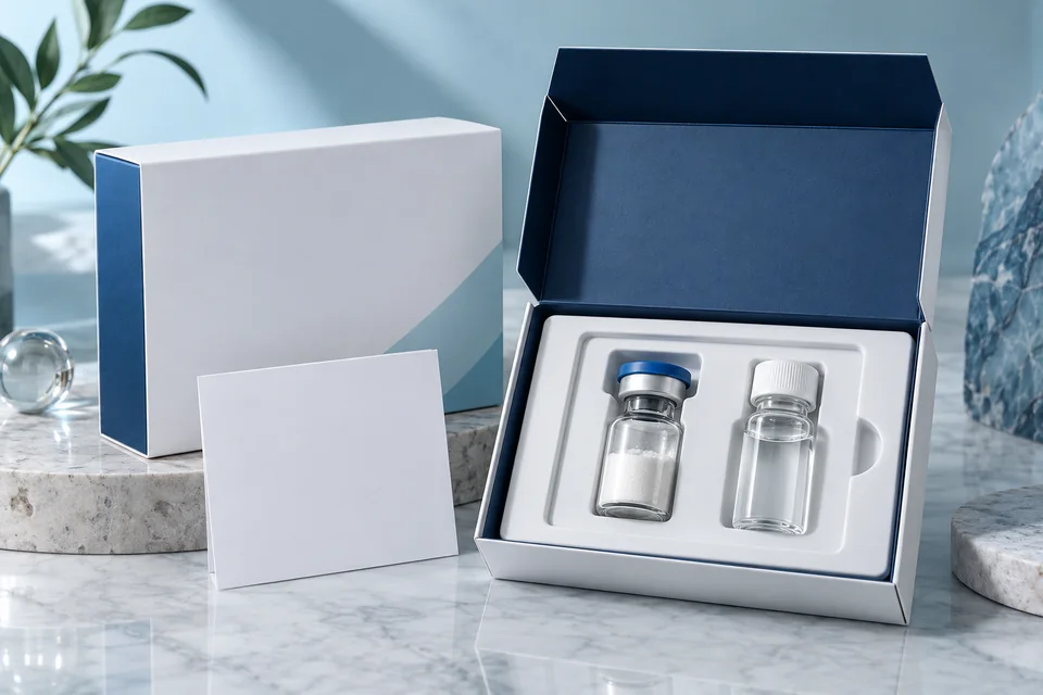 Blank private-label peptide vial and activator kit presentation