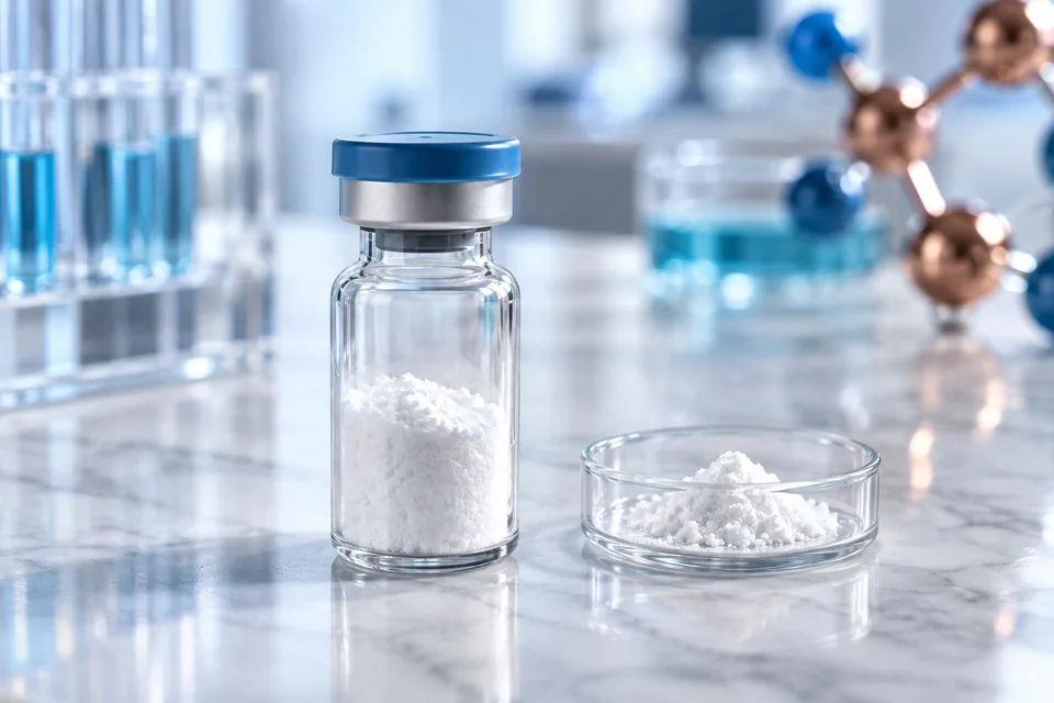 Single lyophilized peptide powder vial on a cosmetic laboratory bench