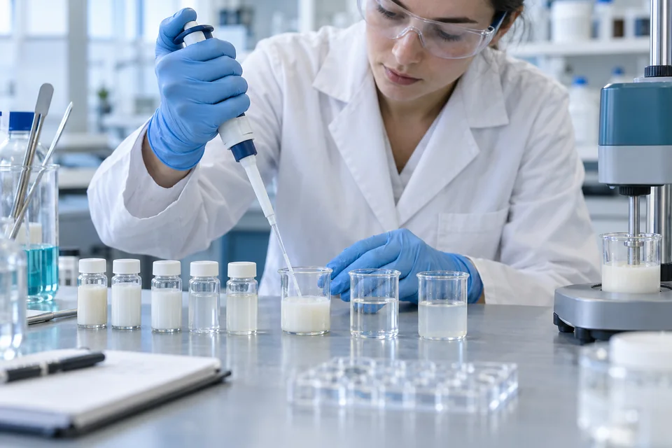 Formulation scientist preparing cosmetic peptide samples
