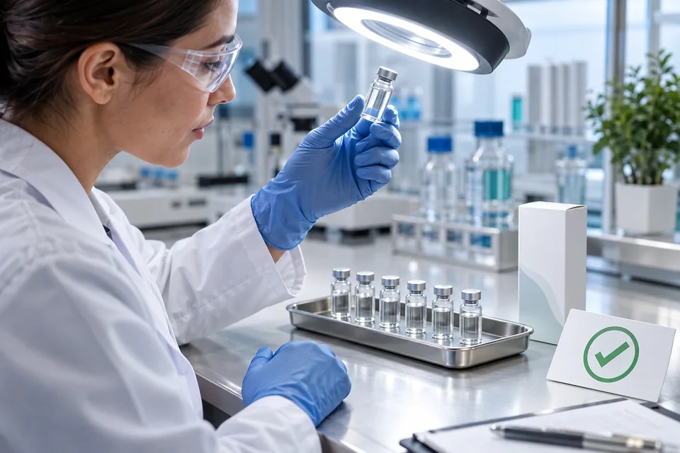 Technician inspecting and approving a peptide pilot batch