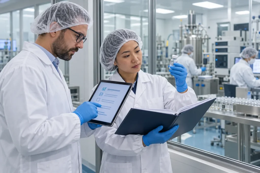 Quality auditors reviewing a cosmetic peptide supplier production area and batch documentation