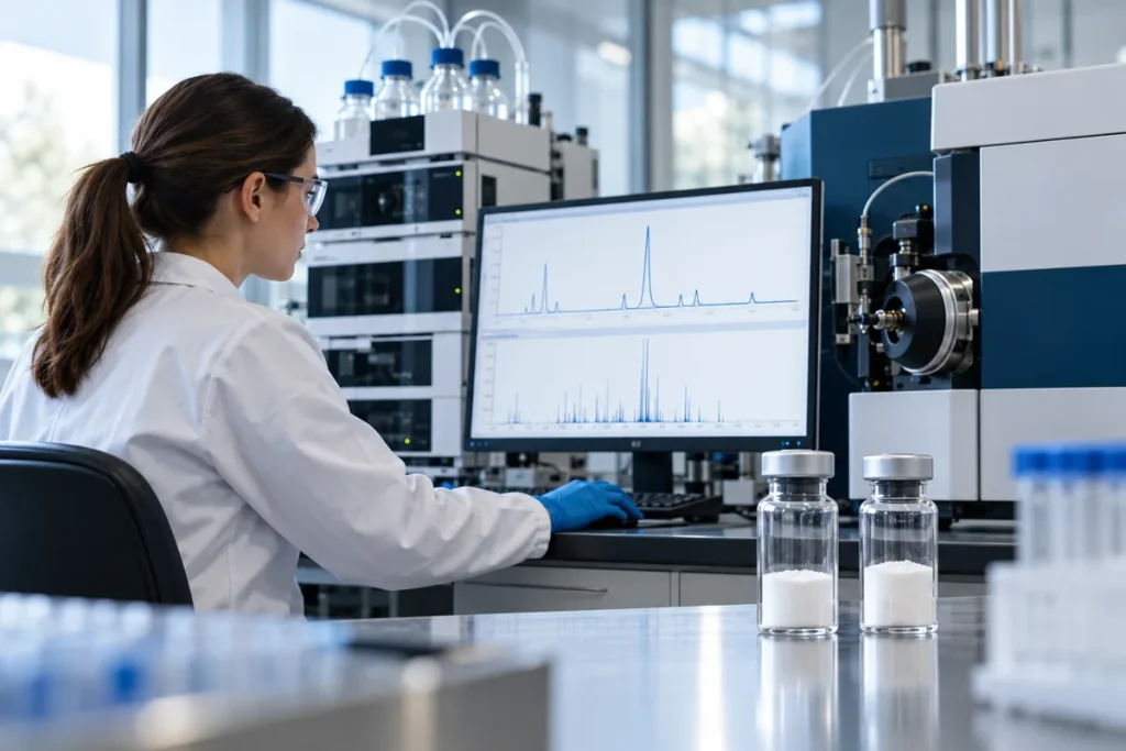 Analytical scientist reviewing HPLC and mass spectrometry data beside lyophilized peptide powder vials