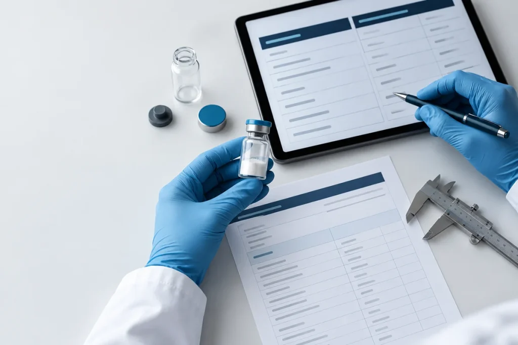 Quality specialist comparing a lyophilized peptide powder vial with a controlled product specification