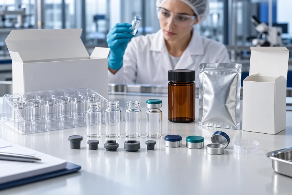 Glass vials, stoppers, caps and protective packaging arranged for peptide container-closure evaluation
