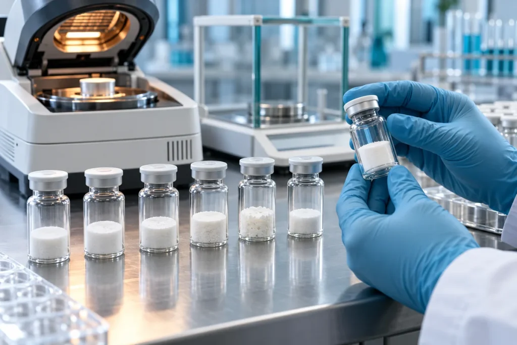 Quality inspection of lyophilized peptide cake appearance beside a moisture analysis instrument